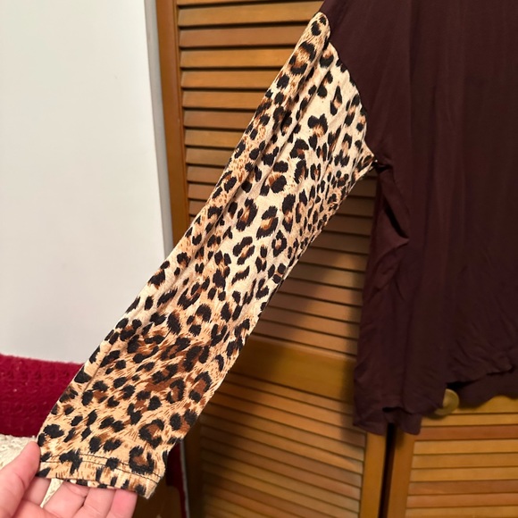 Brown Cowl Neck Shirt with Leopard around neck and part of sleeves - Picture 2 of 5